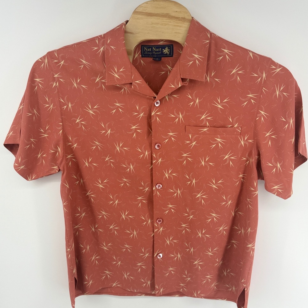 Nat Nast Mens Silk Camp Shirt Medium Terracotta Geometric Abstract Short Sleeve - Picture 2 of 6